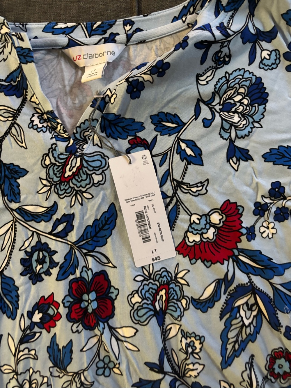 Liz Claiborne Light Blue Floral V-Neck Blouse with Navy and Red Accents